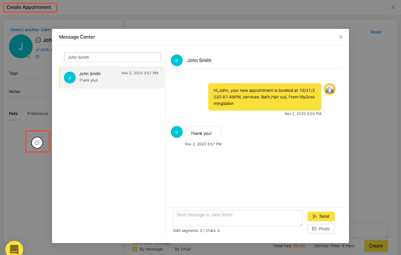 chat with client when create an appointment